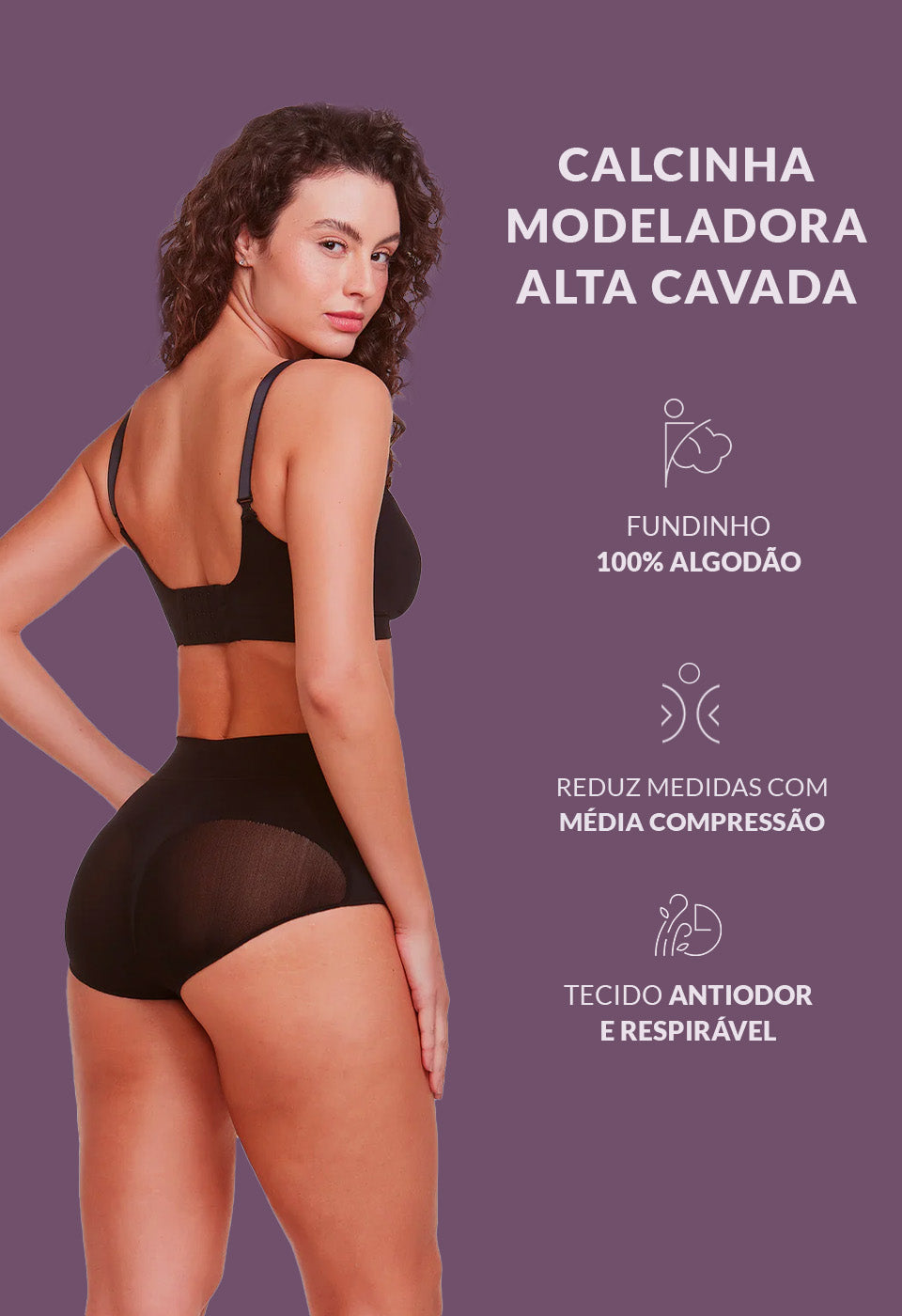 Calcinha Modeladora Cintura Alta Cavada Levanta Bumbum Preto