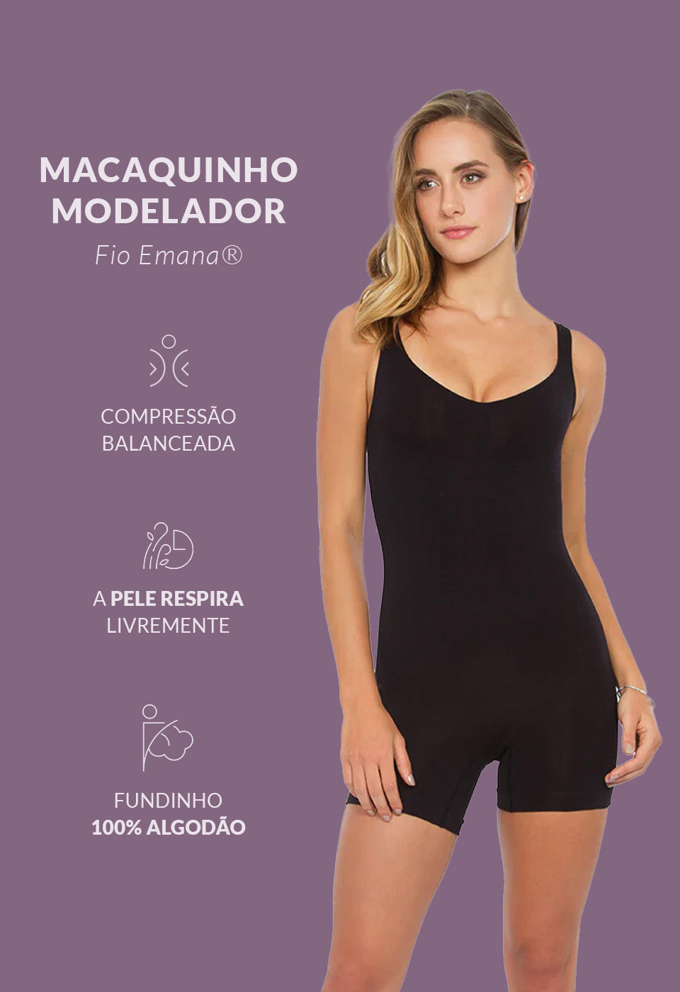 Body Macaquinho Ameniza Celulite Emana Preto