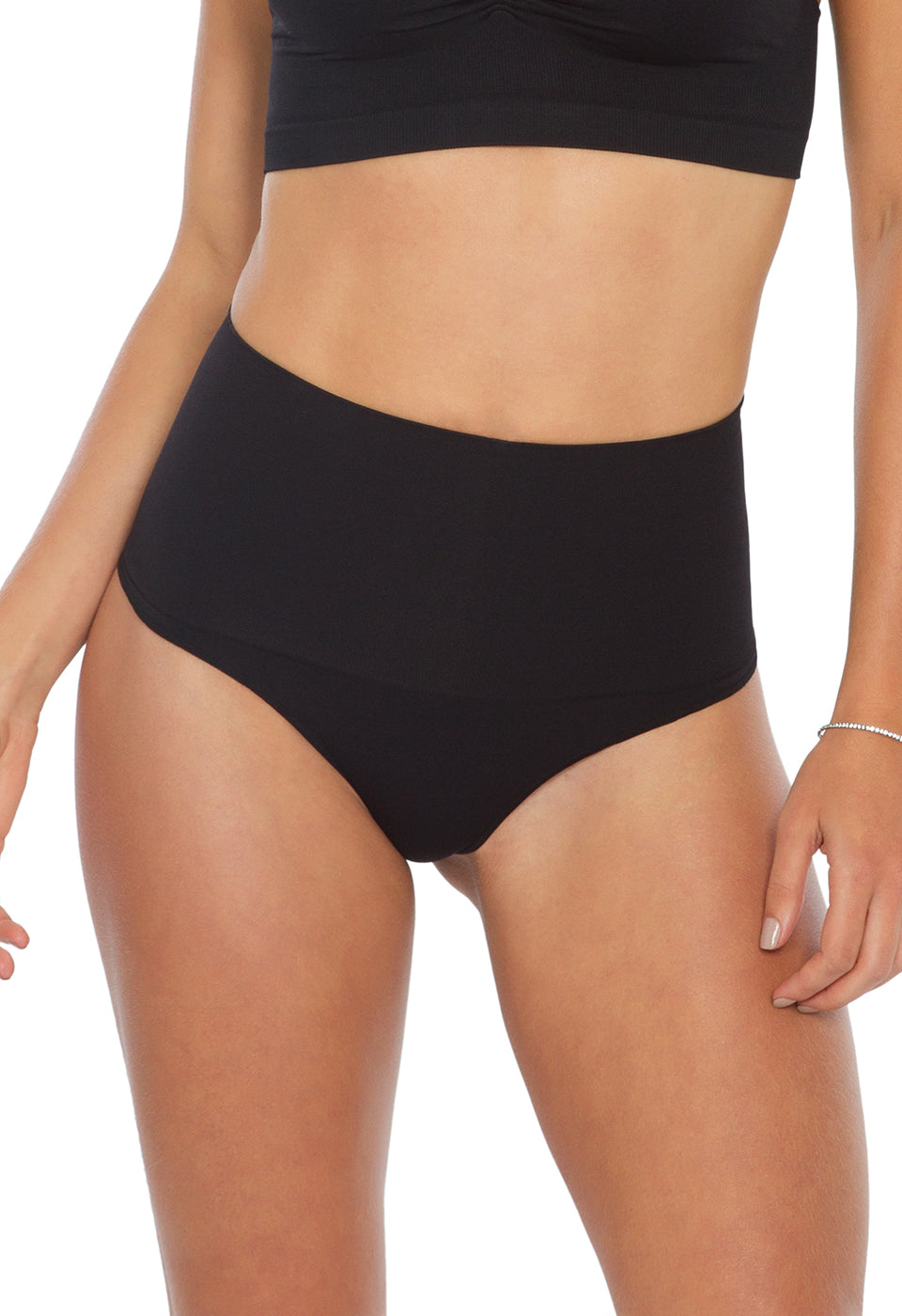 Calcinha Modeladora Cintura Alta Fio Dental Tecido Duplo Preto